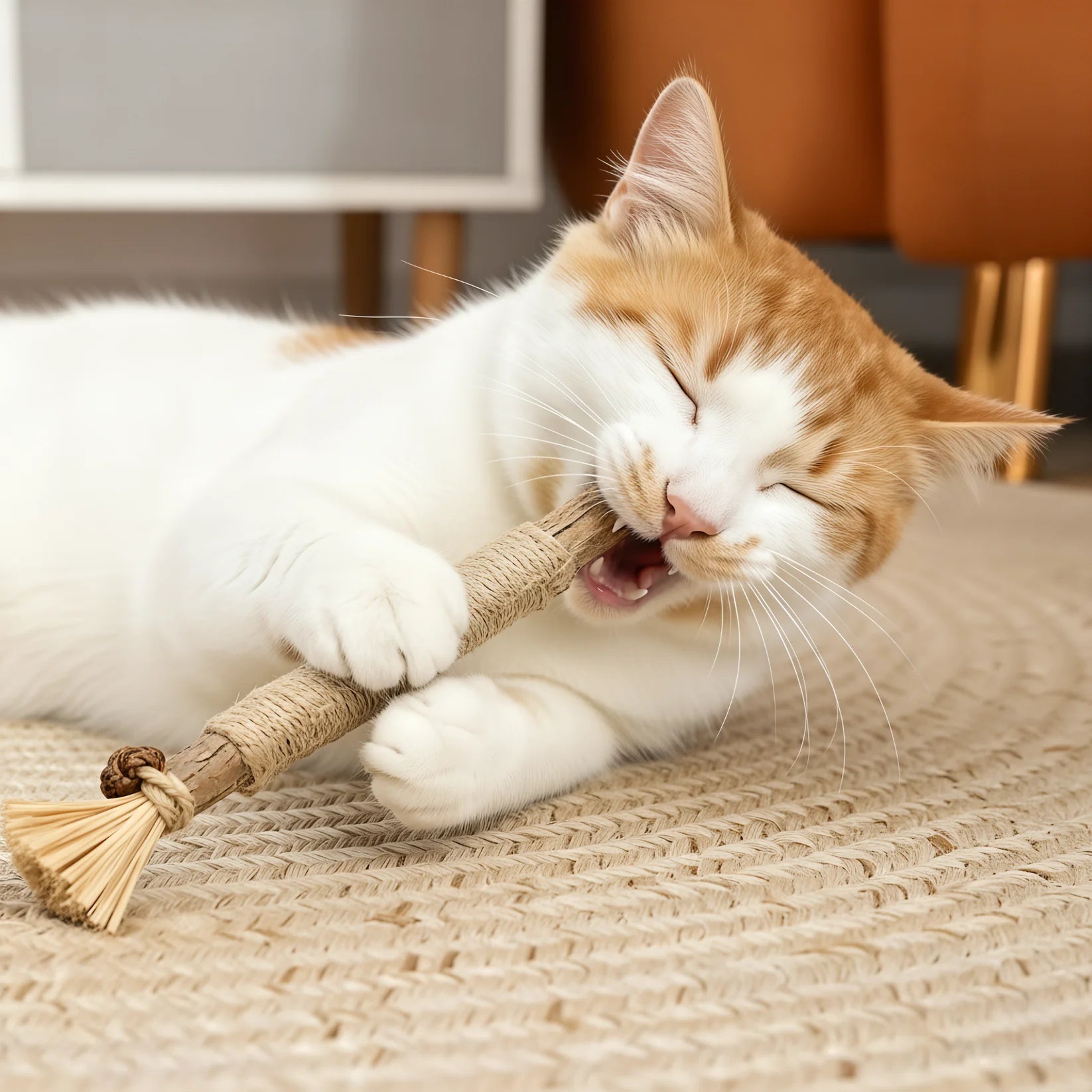 Orange and white cat chewing a Caplio silvervine stick