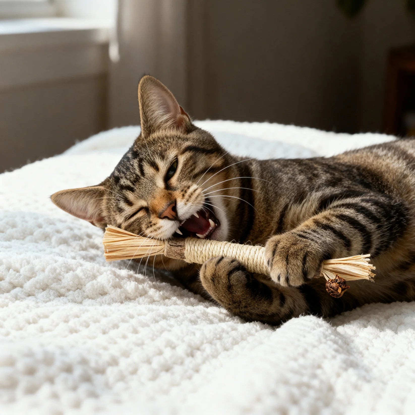 Tabby cat chewing a Caplio silvervine stick
