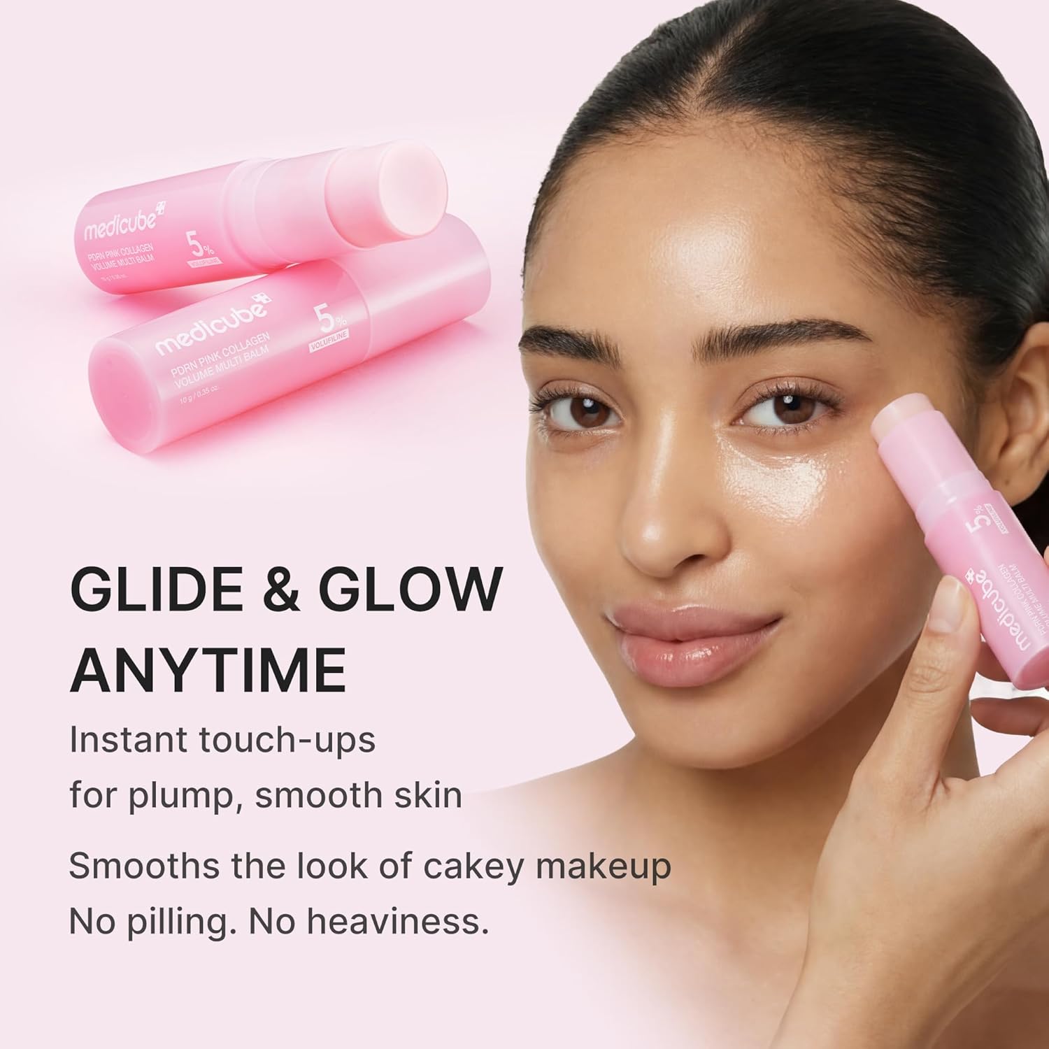 Model applying pink collagen balm for glide and glow